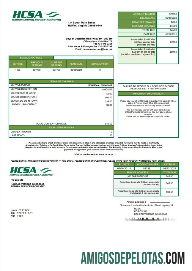 Para baixar modelo de conta de serviços públicos USA Virginia HCSA em formato Word e PDF